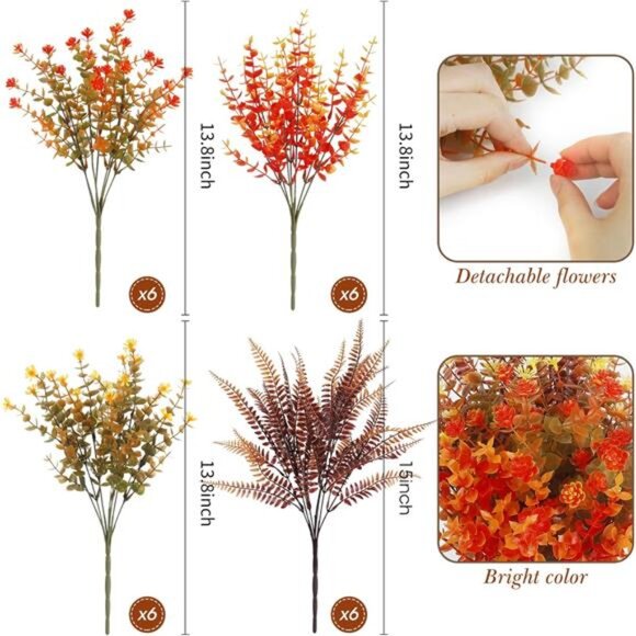 "24 Bundles Artificial Fall Flowers - UV Resistant Faux Boston Fern for Outdoor - Picture 2 of 7